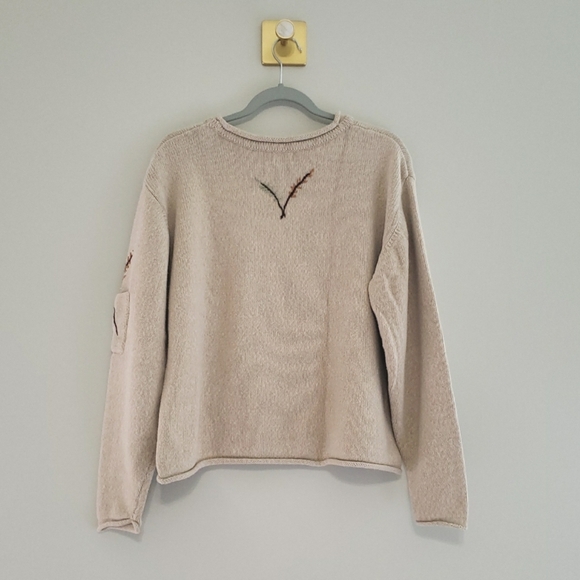 Alps Vintage Embroidered Sweater Women Large Cream Tan Cotton Floral Cottagecore - Picture 6 of 11